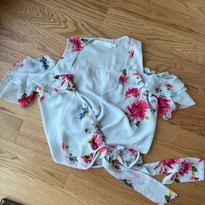 Astr the Label Off Shoulder Light Blue Floral Ruffle Wrap Tie Blouse Top Small